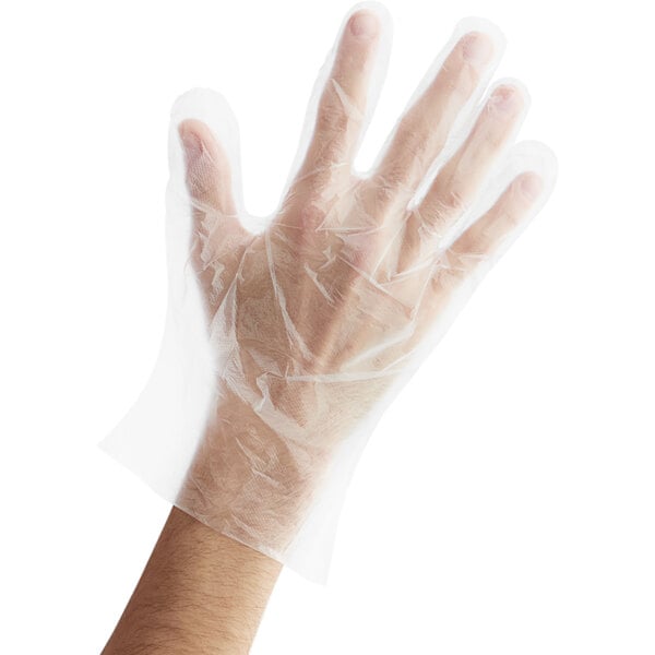 A large disposable poly glove for food service use.