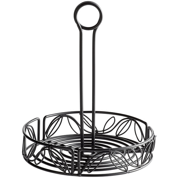 American Metalcraft 7 3/4" x 9" Round Black Wrought Iron Leaf Condiment Caddy and Card Holder - 16/Case