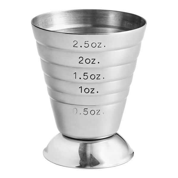 A stainless steel measuring jigger with marked measurements up to 2.5 ounces.