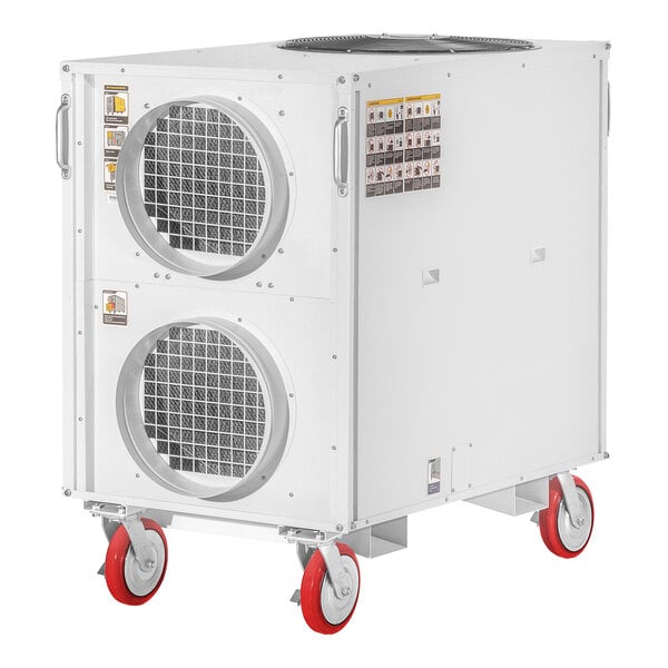 A large white portable heat pump unit with two circular vents and red caster wheels.