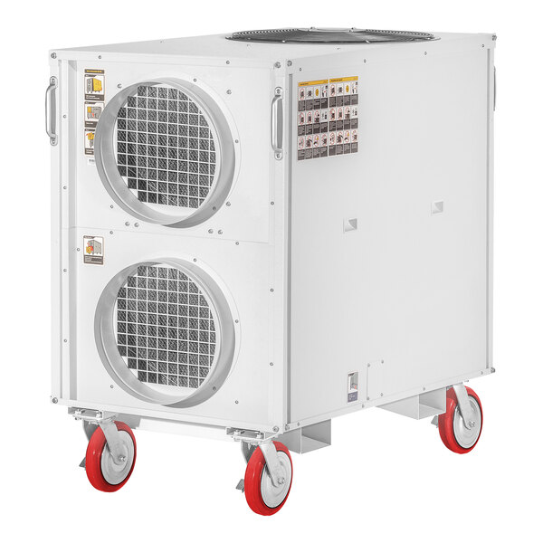 A large white portable heat pump unit with two circular vents, red caster wheels, and side handles.