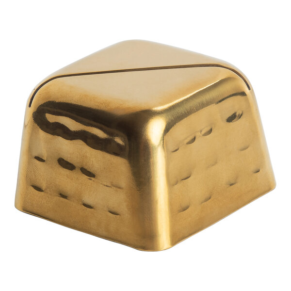 A square hammered stainless steel card holder with a gold finish.