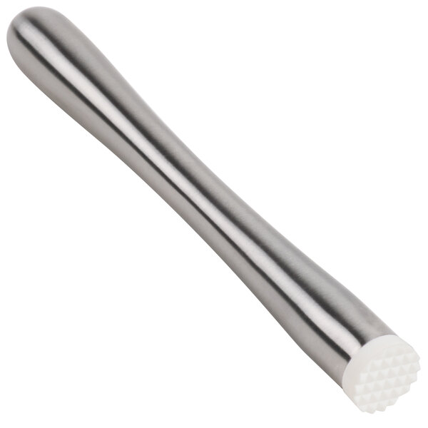 A stainless steel muddler with a white tenderizer head.