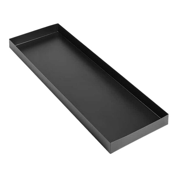 A rectangular black metal market tray with raised edges.