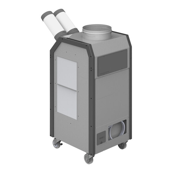 A portable air conditioning unit with dual exhaust hoses and caster wheels.