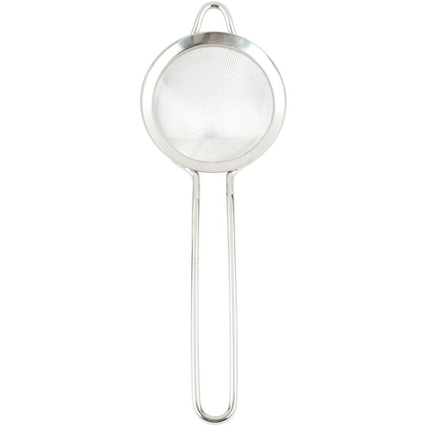A stainless steel conical fine mesh strainer with a long handle.