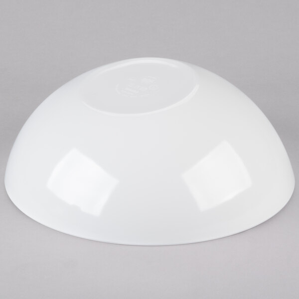 A large white round melamine bowl turned upside down.