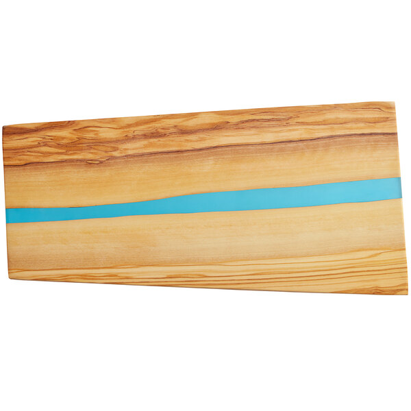 American Metalcraft 14" x 7" x 5/8" Rectangular Olive Wood Serving Board with Blue Polyresin Streak - 8/Case
