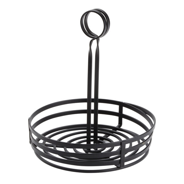 American Metalcraft 7 7/8" x 9 1/8" Round Black Wrought Iron Flat Coil Condiment Caddy with Card Holder - 6/Case