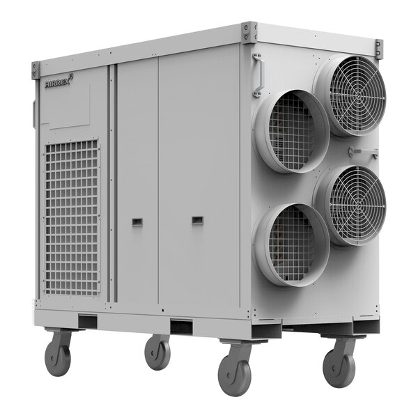 A large industrial heat pump unit with four circular air vents and wheels for mobility.