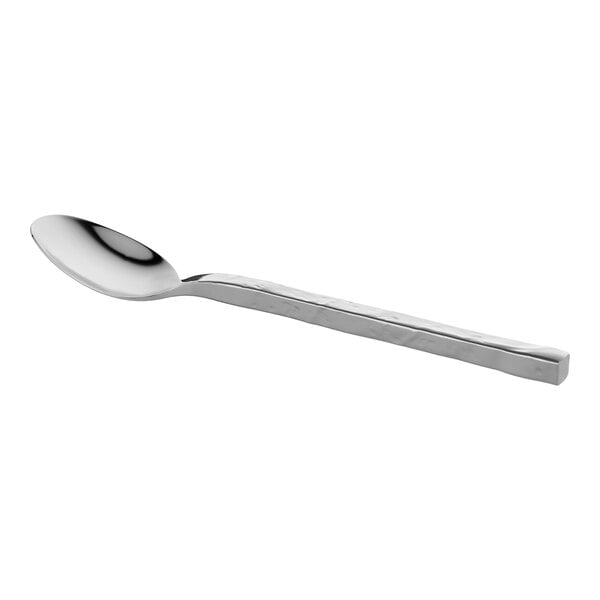 An 8 1/4 inch stainless steel dessert spoon with a forged, extra heavy weight design.