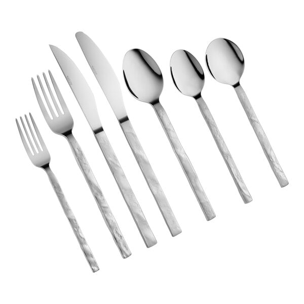 A set of stainless steel flatware including forks, knives, and spoons with textured handles.