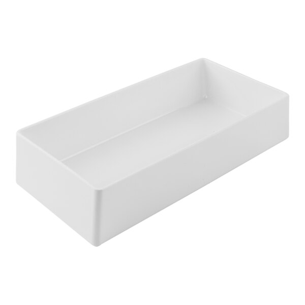 A rectangular, white, straight-sided melamine bowl.