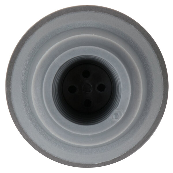 A gray and black Vacu Vin replacement wine stopper viewed from above.
