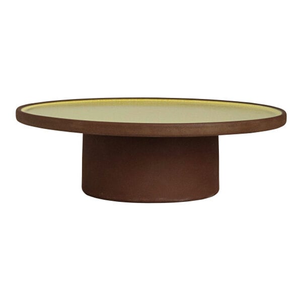 A round saffron-colored stoneware display stand with a wide flat top and cylindrical base.