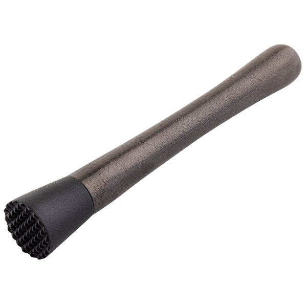 A black stainless steel muddler with a tenderizer head.