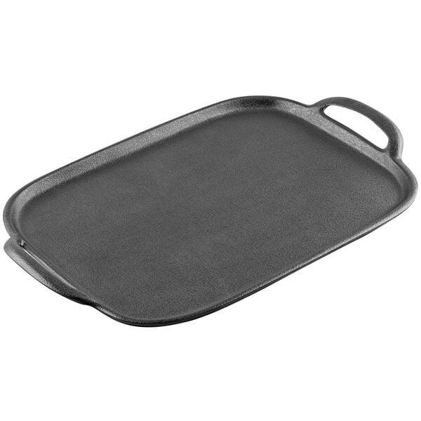 A large rectangular matte black melamine tray with faux cast iron appearance and two handles.