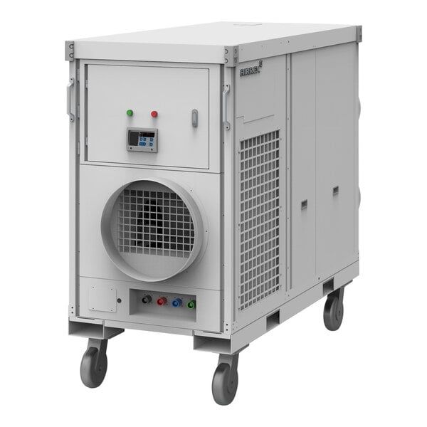 A large industrial heat pump unit on wheels with control panel and air vent, labeled as AIRREX HEAT PUMP 145K BTU 12 TON 220V 3PH.
