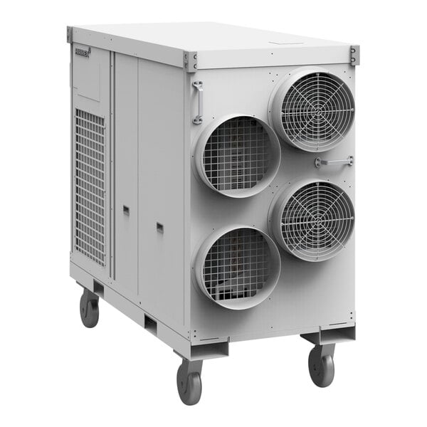 A large industrial heat pump unit with three circular air vents and caster wheels for mobility.