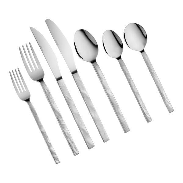 A set of stainless steel flatware including forks, knives, and spoons with textured handles.