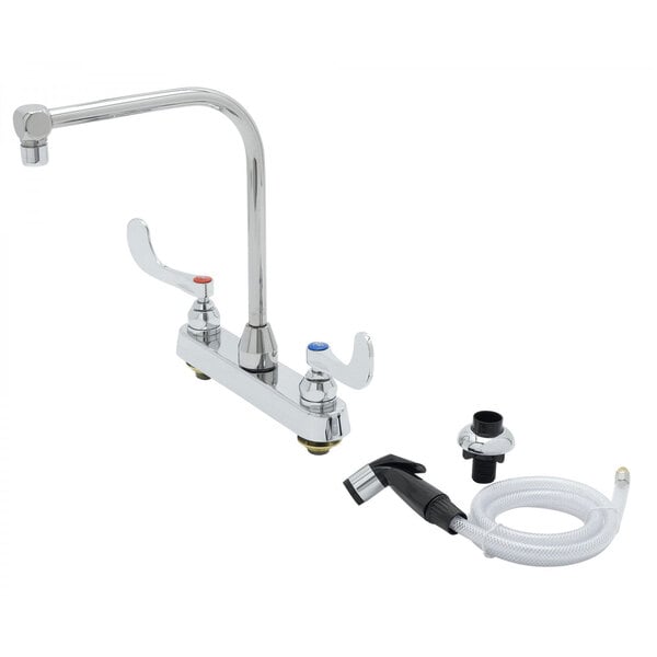 A T&S deck mount faucet with gooseneck spout and sidespray hose.