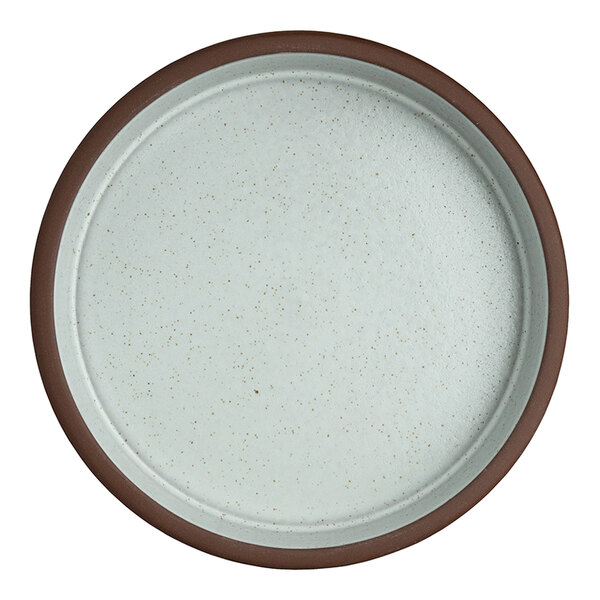 A round, stackable deep stoneware tray with a speckled light interior and a brown rim.