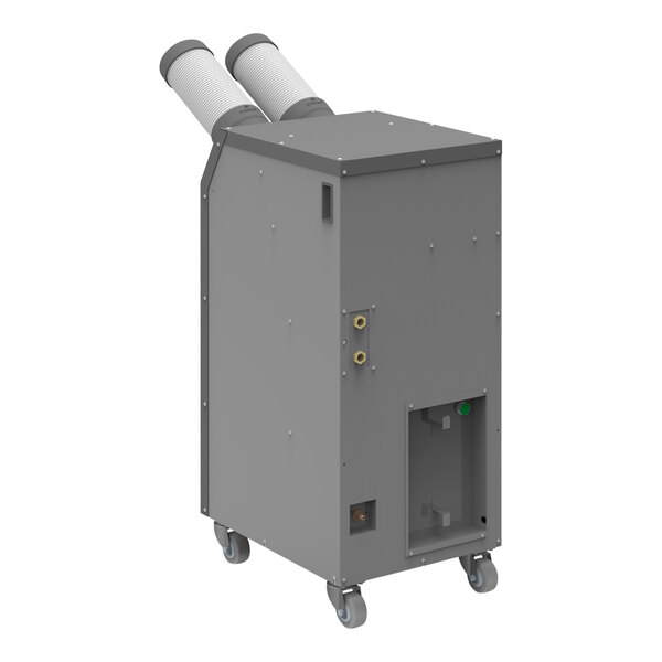 A portable water-cooled air conditioner unit with two flexible exhaust ducts and caster wheels.