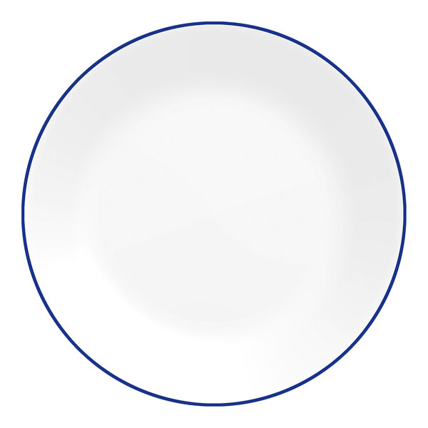 A round white glass plate with a thin blue band around the edge.