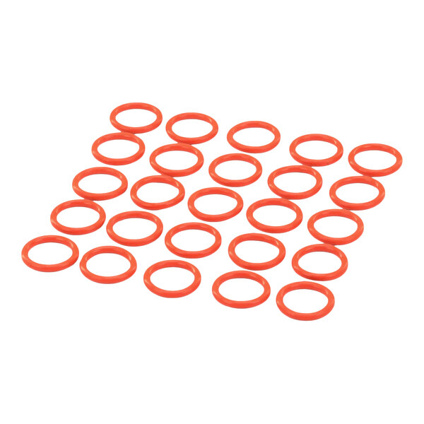 A set of 25 red O-rings arranged in a grid pattern.