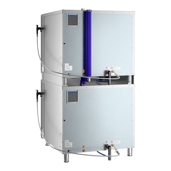 A double-stacked, full-size electric combi oven with manual controls designed to hold six pans per unit.