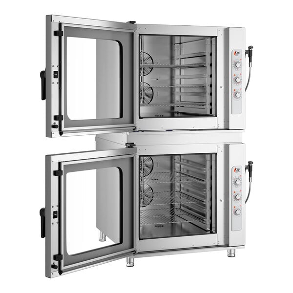 A double-stacked, stainless steel electric combi oven with manual controls and glass doors, designed to hold six full-size pans in each unit.