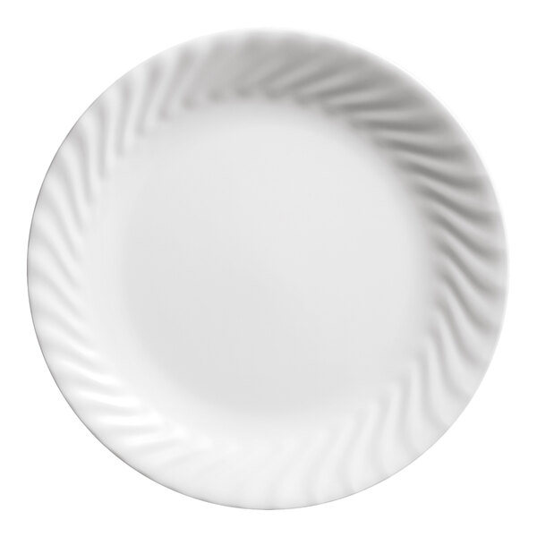 A round bright white glass plate with an embossed rim design.