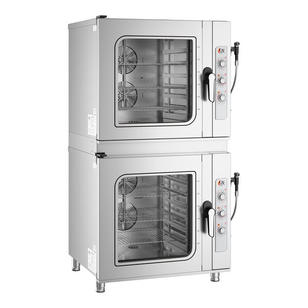 A double-stacked stainless steel electric combi oven with manual controls and glass doors, designed to hold six half-size pans in each unit.