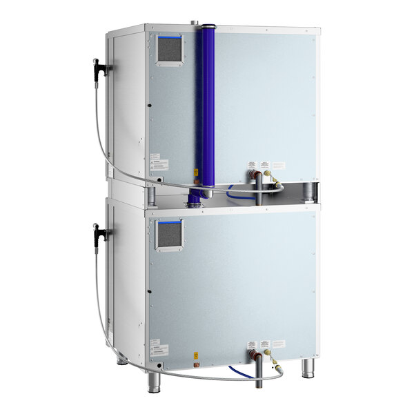 A double-stacked half size electric combi oven with manual controls.