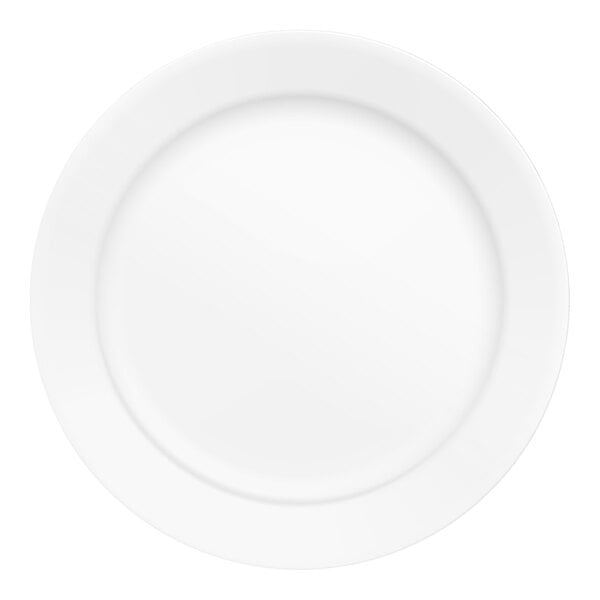 A round, bright white glass plate with a narrow rim.