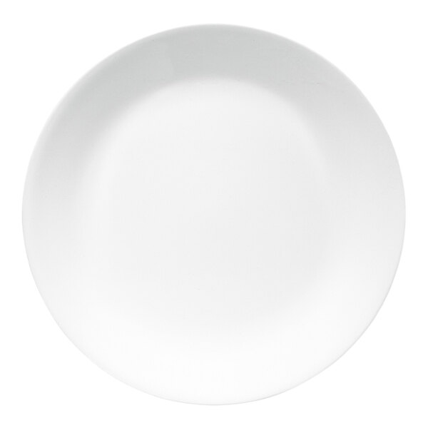 A plain, round, white glass coupe plate.