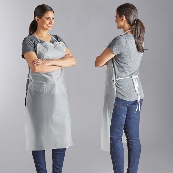A clear, lightweight vinyl dishwasher apron worn by a person, shown from the front and back.