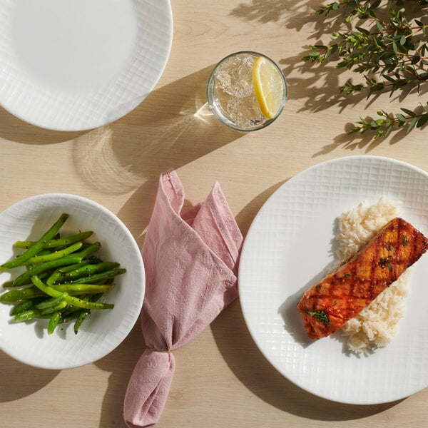 Corelle Essentials Woven 10 1/4" Round Glass Bright White Coupe Plate with Embossed Rim - 12/Case