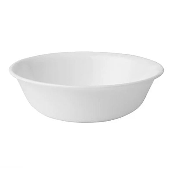 A plain white round glass cereal bowl.