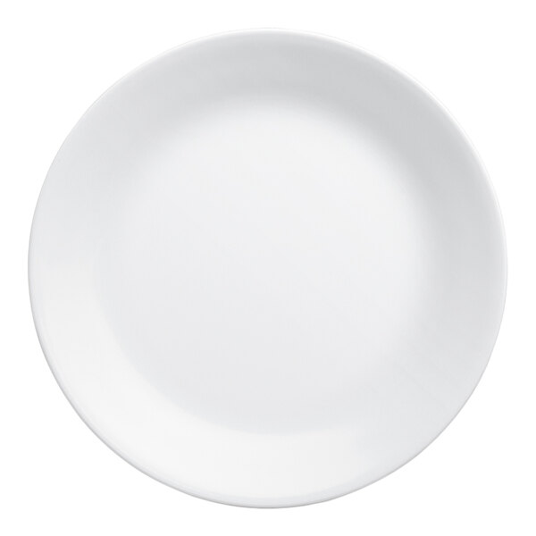 A round, bright white glass coupe plate.