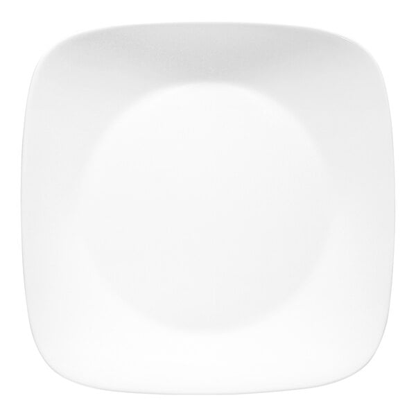 A plain white square glass plate with rounded edges.