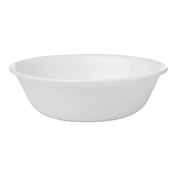 A plain white round glass bowl with a simple design.