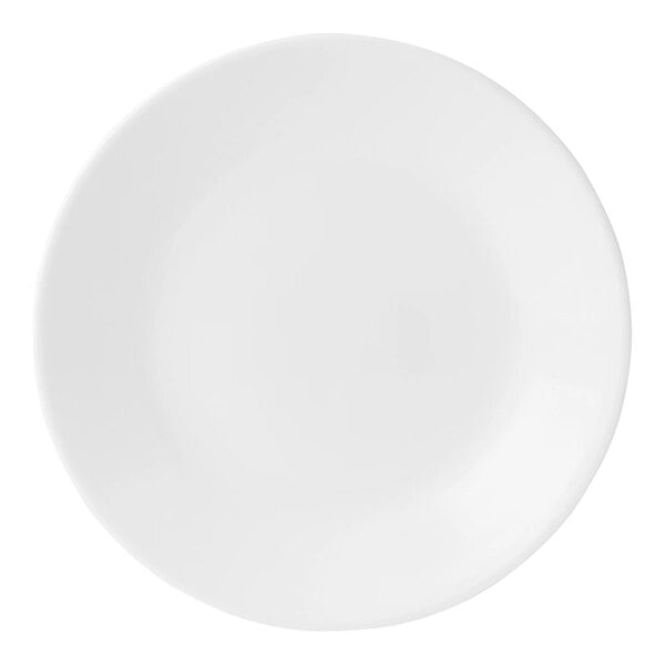 A round, bright white glass coupe plate.