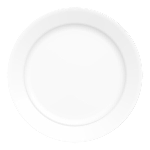A round, bright white glass plate with a narrow rim.