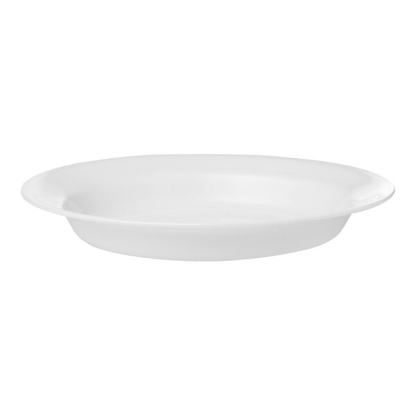 A plain white round glass pasta bowl with a narrow rim.