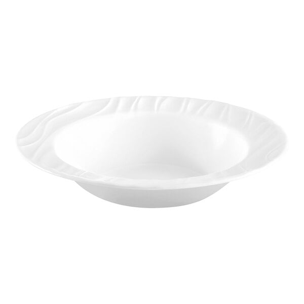A round bright white glass bowl with an embossed rim.