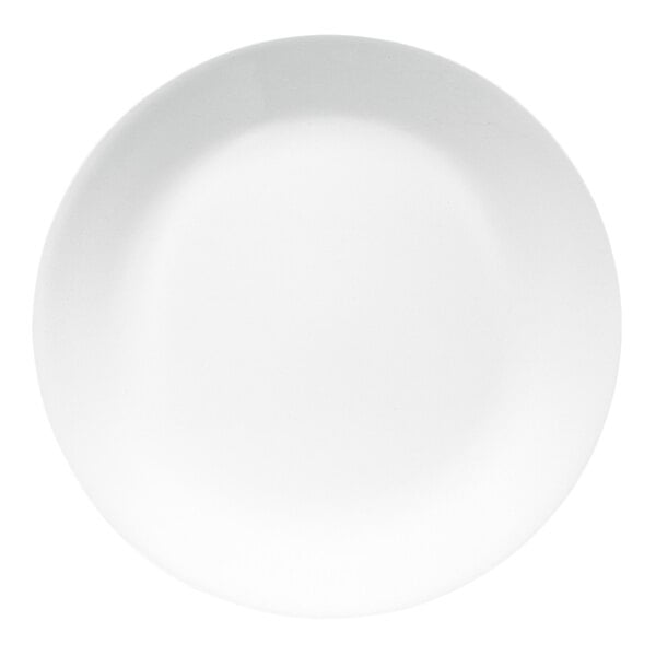 A round, bright white glass coupe plate.