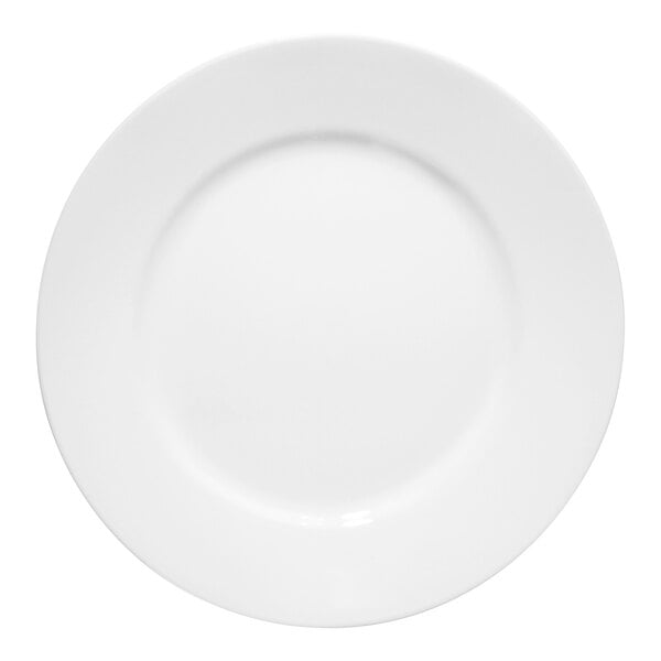 A round, bright white glass plate with a wide rim.
