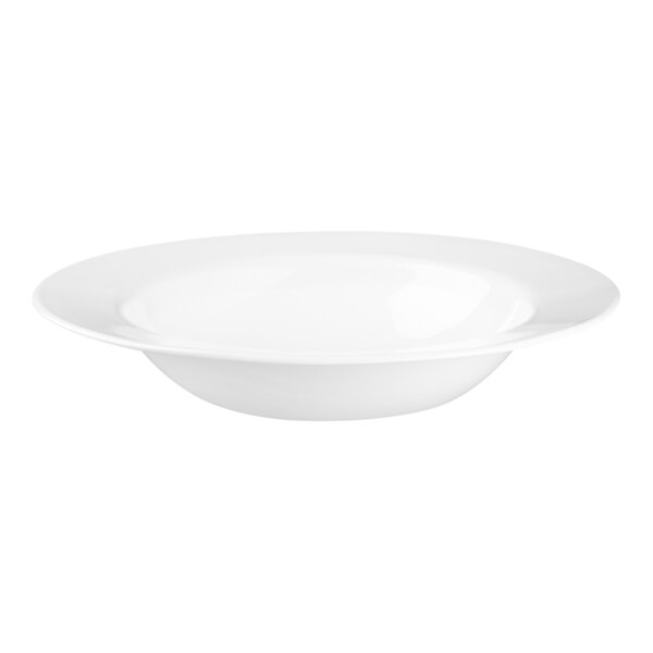 A round, bright white glass bowl with a wide rim.