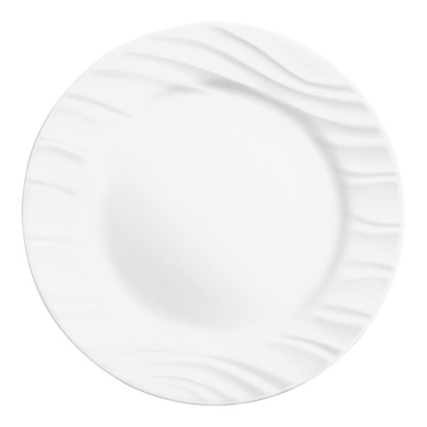 A round, bright white glass plate with a wide rim featuring an embossed wave pattern.